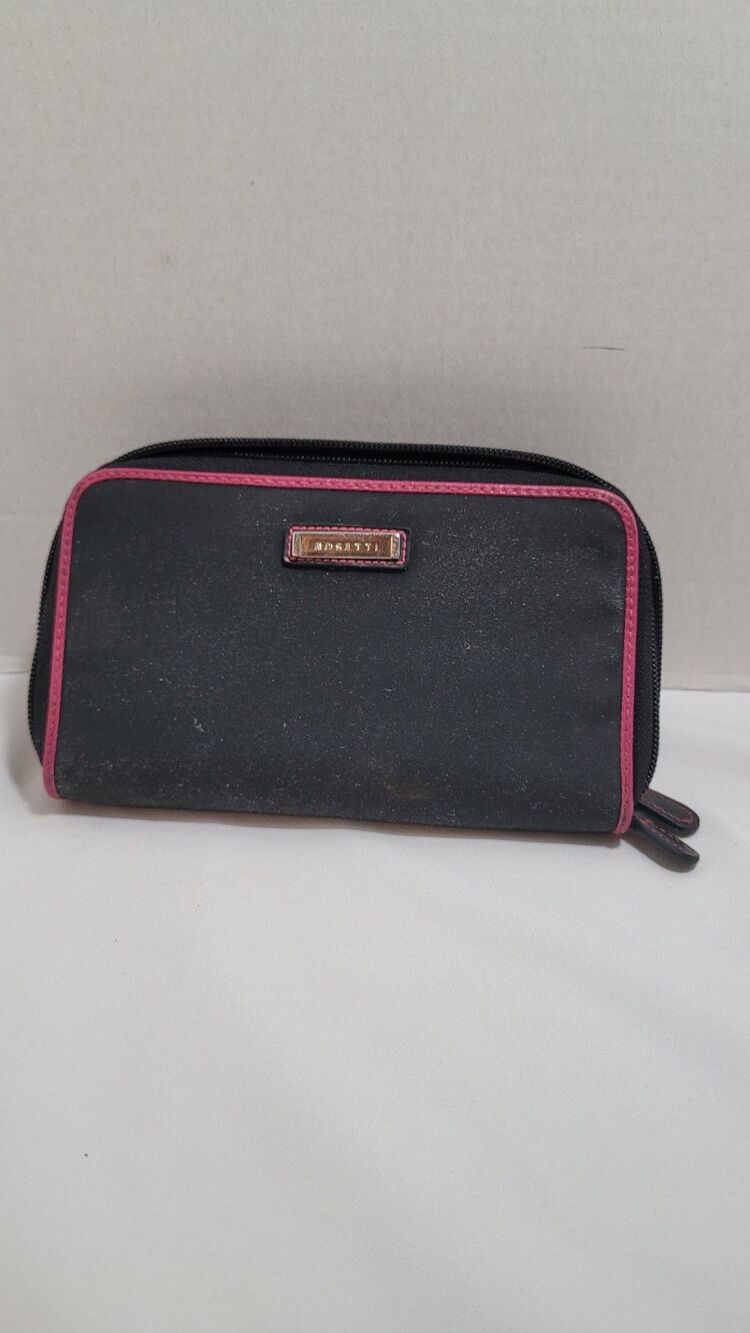 Rosetti Black Pink Trim Zip-Around Wallet, Holds ID Cards Coins 7” x 4.25”